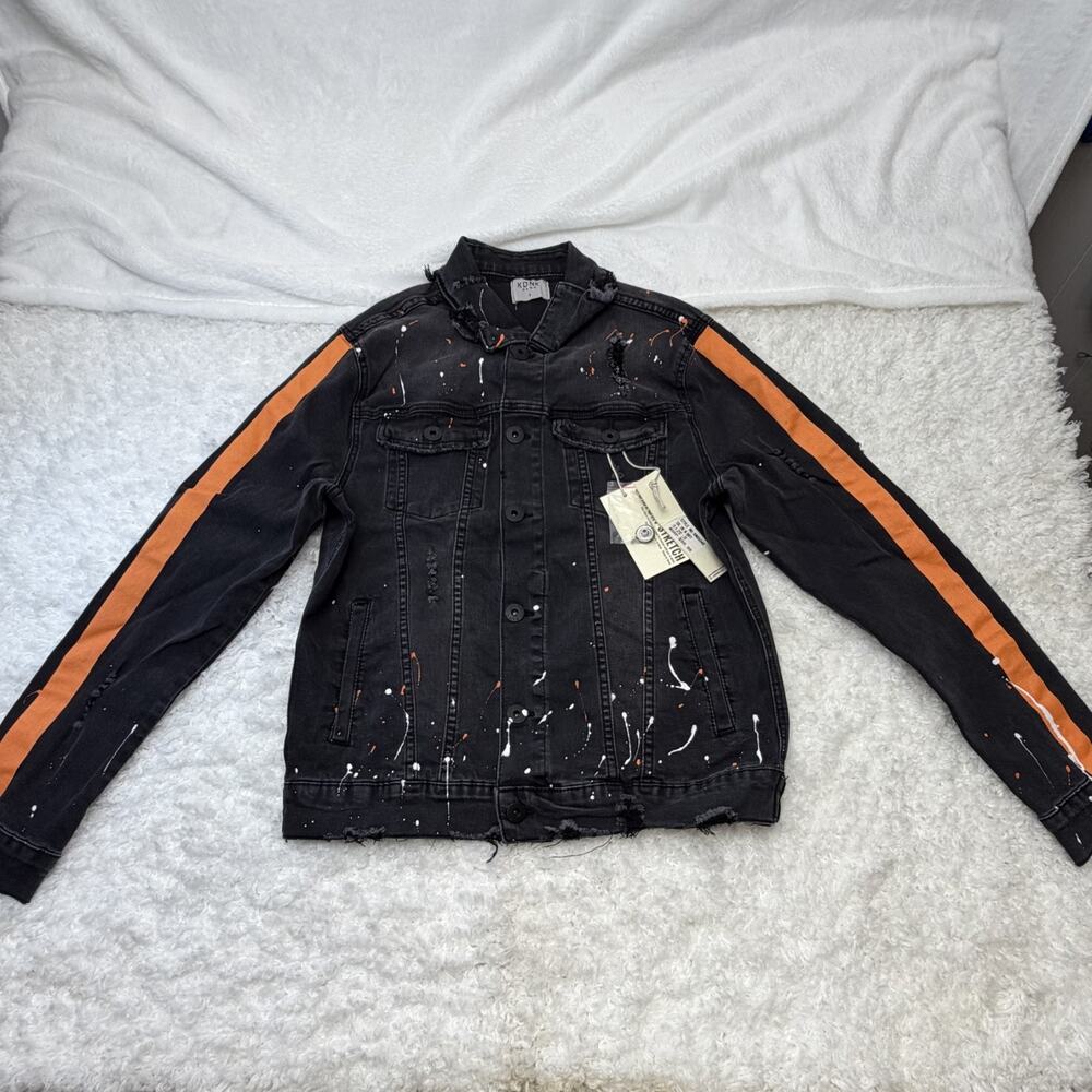 KDNK Men’s Denim Jacket W/ Paint Splatter Orange Stripe Size Small